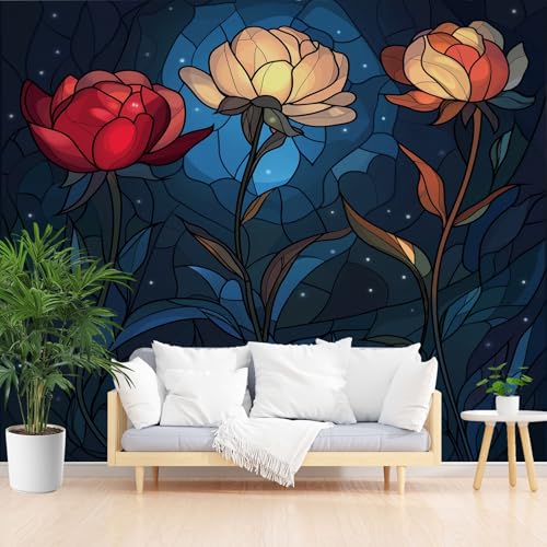 Rose Blumenmuster Fototapete Schlafzimmer, Buntglas Blumen 3D Tapete Vliestapete, Fantasie Sternenhimmel Tapeten Wohnzimmer Kinderzimmer Abwaschbare Tapete Wasserfest 350 x 256 cm (B x H) von Gaqinhh