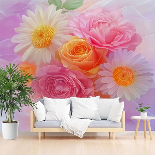 Rose Gänseblümchen Fototapete Wohnzimmer, Romantisch Floral Tapete Abwaschbare, Pflanzen Blütenblatt Blätter Vliestapete Schlafzimmer Kinderzimmer Küche 3D Tapete Wasserfest 400 x 280 cm (B x H) von Gaqinhh
