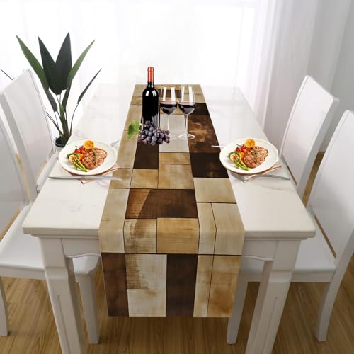 Rustikal Farbblock Tischdeko Einschulung Mädchen Junge Deko, Geometrie Quadrat Bauernhaus Planke Tischläufer Waschbar für Einschulung Deko Couchtisch Küche Esstisch Dekoration für Zuhause 35 x 180 cm von Gaqinhh