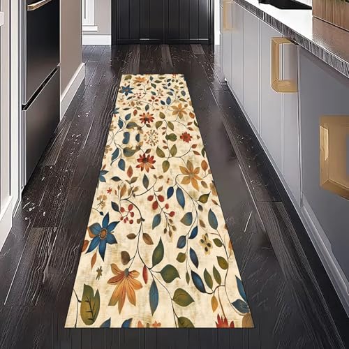 Rustikaler Blume Teppich Läufer Flur Küche Waschbar Rutschfest 60x150 cm, Landhausstil Blatt Vintage Laub Teppiche für Bettumrandung Schlafzimmer Teppichläufer für Küchenläufer Eingangsbereich Rustikaler Blume Teppich Läufer Flur Küche Waschbar Rutschfest 60x150 cm, Landhausstil Blatt Vintage Laub Teppiche für Bettumrandung Schlafzimmer Teppichläufer für Küchenläufer Eingangsbereich von Gaqinhh