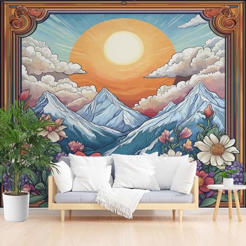 Schneebedeckte Berge Fototapete Wohnzimmer, Gänseblümchen Hortensie Blumen Tapete Abwaschbare, Sonne Gebirge Vliestapete Schlafzimmer Kinderzimmer Küche 3D Tapete Wasserfest 400 x 280 cm (B x H) von Gaqinhh