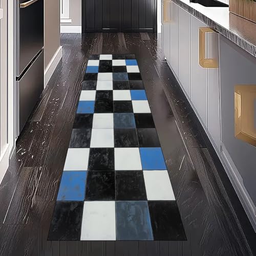 Schwarz und Weiß Quadrat Teppich Läufer Flur Küche Waschbar rutschfest 80x300 cm, Modern Kariert Plaid Teppichläufer für küchenteppich Eingangsbereich Bettumrandung Schlafzimmer Wohnzimmer von Gaqinhh