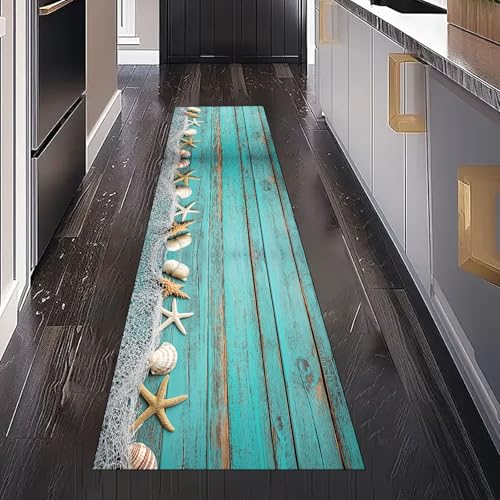 Seestern Muschel Strand Teppich Läufer für Küchenteppich Schlafzimmer Wohnzimmer, Bauernhaus Holzmaserung Planke Teppichläufer Waschbar Rutschfest für Flur Eingangsbereich Bettumrandung 80x200 cm von Gaqinhh