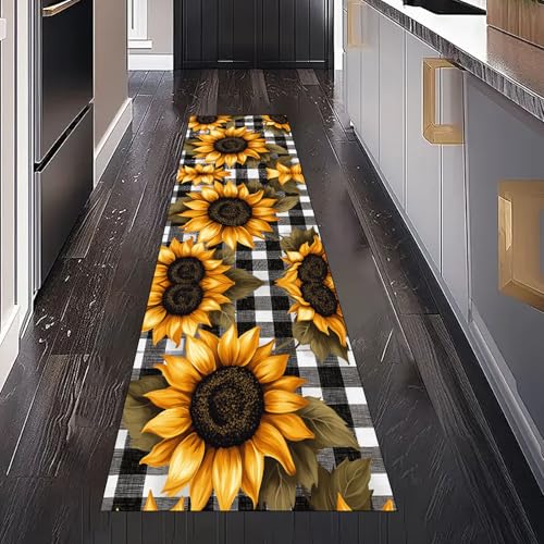 Sonnenblume Floral Pflanzen Teppich Läufer Flur Küche Waschbar Rutschfest 80x300 cm, Geometrie Streifen Plaid Teppichläufer für küchenteppich Eingangsbereich Bettumrandung Schlafzimmer Wohnzimmer von Gaqinhh
