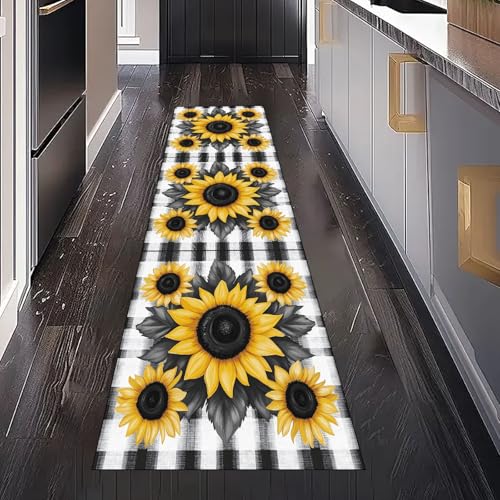 Sonnenblume Floral Pflanzen Teppich Läufer Flur Küche Waschbar Rutschfest 80x300 cm, Geometrie Streifen Plaid Teppichläufer für küchenteppich Eingangsbereich Bettumrandung Schlafzimmer Wohnzimmer von Gaqinhh
