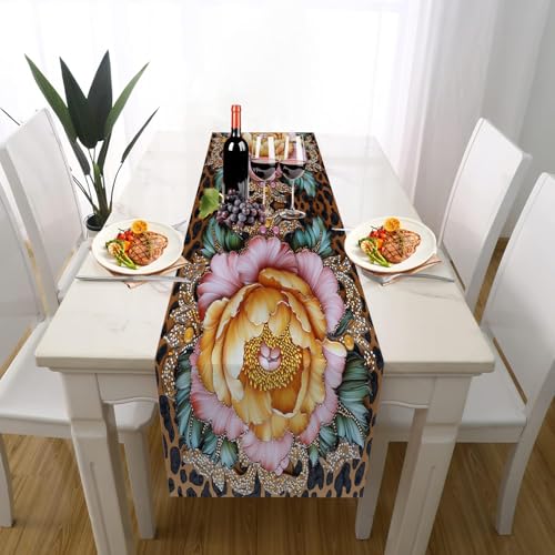 Tiermuster Pfingstrose Tischdeko Outdoor Sommer Deko, Leopardenmuster Leopard Luxuriös Juwel Tischläufer Waschbar für Einschulung Deko Couchtisch Küche Esstisch Dekoration für Zuhause 33 x 183 cm von Gaqinhh