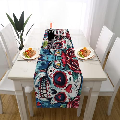 Totenfest Schädel Tischdeko Outdoor Sommer Deko, Tätowierung Rose Liebe Herzform Tischläufer Waschbar für Einschulung Deko Couchtisch Küche Esstisch Dekoration für Zuhause 33 x 183 cm von Gaqinhh