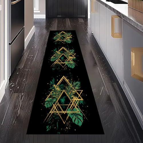 Tropische Monstera-Blätter Teppich Läufer Küchenteppich Waschbar Rutschfest 60x300 cm, Gold Geometrie Dreieck Teppichläufer für Küche Flur Eingangsbereich Bettumrandung Schlafzimmer Wohnzimmer von Gaqinhh