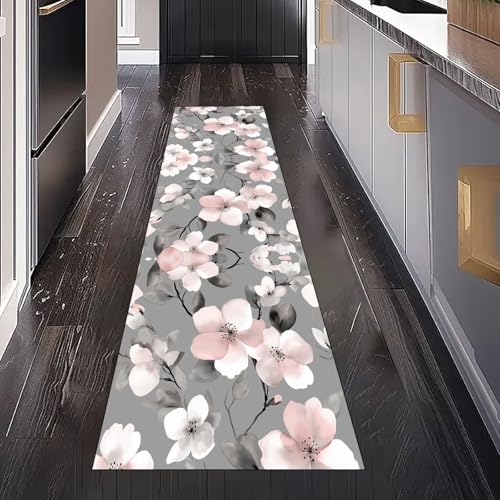Vintage Aquarell Blumen Teppich Läufer Flur Küche Waschbar Rutschfest 60x150 cm, Pastoral Botanische Blätter Teppiche für Bettumrandung Schlafzimmer Teppichläufer für Küchenläufer Eingangsbereich von Gaqinhh
