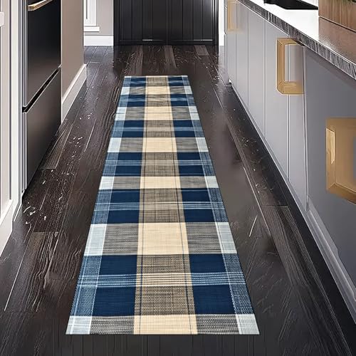 Vintage Kariert Teppichläufer Waschbar rutschfest 60x180 cm, Geometrie Plaid Küchenteppich Teppich Bettumrandung Schlafzimmer für Flur Eingangsbereich Wohnzimmer Teppiche von Gaqinhh