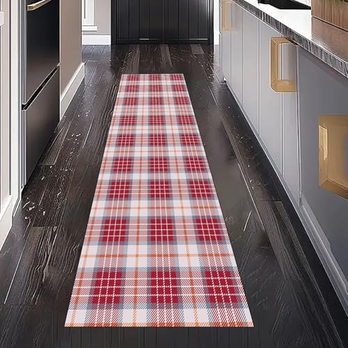 Vintage Klassische Kariert Teppich Läufer Flur Küche Waschbar rutschfest 80x300 cm, Rot Plaid Streifen Teppichläufer für küchenteppich Eingangsbereich Bettumrandung Schlafzimmer Wohnzimmer von Gaqinhh