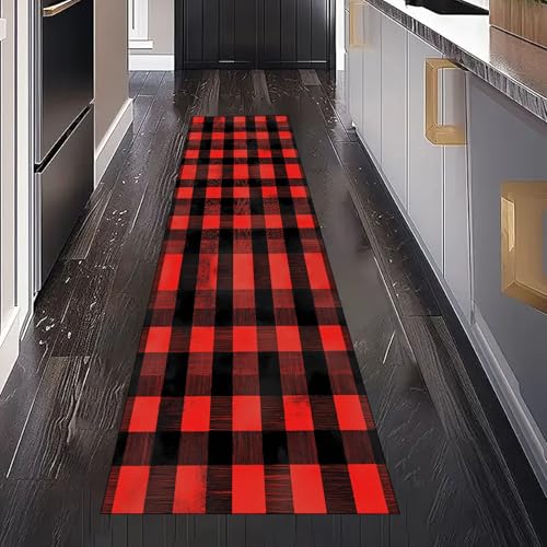 Vintage Klassische Kariert Teppich Läufer Flur Küche Waschbar rutschfest 80x300 cm, Rot Schwarz Plaid Teppichläufer für küchenteppich Eingangsbereich Bettumrandung Schlafzimmer Wohnzimmer von Gaqinhh