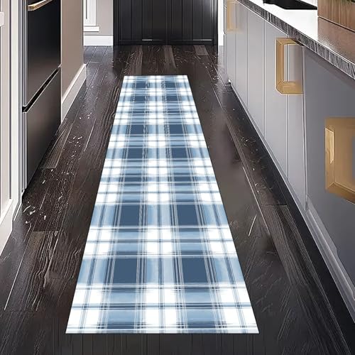 Vintage Klassische Kariert Teppichläufer Küchenteppich Waschbar rutschfest, Blau und Weiß Plaid Teppich Läufer Flur für Bettumrandung Schlafzimmer Eingangsbereich Wohnzimmer 80x250 cm von Gaqinhh
