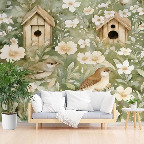 Vogel Vogelnest 3D Fototapete, Botanische Blumen Blätter Tapeten Vliestapete, Aquarell Dschungel Wandtapete Schlafzimmer Kinderzimmer Wohnzimmer Tapete Abwaschbar Wasserfest 150 x 105 cm (B x H) von Gaqinhh