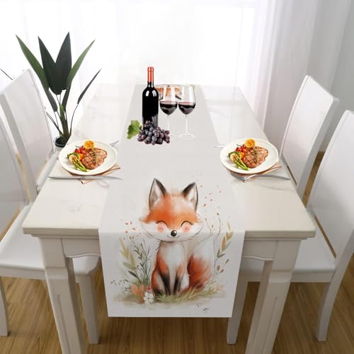 Waldtiere Fuchs Tischläufer Geburtstag Partydeko, Aquarell Pflanzen Süß Tier Tischdeko Outdoor Sommer Deko für Einschulung Deko Couchtisch Küche Esstischv Dekoration für Zuhause 40 x 180 cm von Gaqinhh