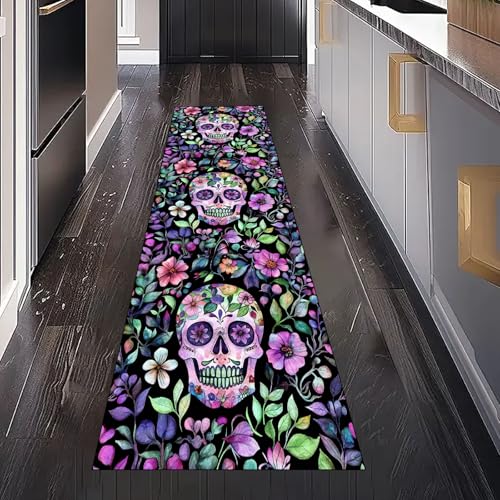 Zuckerschädel Blumen Botanische Teppich Läufer Flur Küche Waschbar Rutschfest 80x300 cm, Pastoral Floral Totenkopf Teppichläufer für küchenteppich Eingangsbereich Bettumrandung Schlafzimmer Wohnzimmer Zuckerschädel Blumen Botanische Teppich Läufer Flur Küche Waschbar Rutschfest 80x300 cm, Pastoral Floral Totenkopf Teppichläufer für küchenteppich Eingangsbereich Bettumrandung Schlafzimmer Wohnzimmer von Gaqinhh