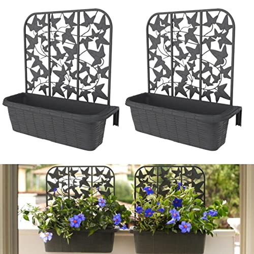 GarPet 2X Balkonkasten 60 cm mit Spalier für Kletterpflanzen Blumenkasten Geländerkasten Rattan Optik Balkon Geländer Kasten Halterung Wasserspeicher Anthrazit von GarPet