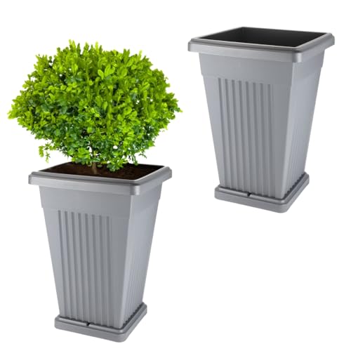 2X Pflanzkübel Pyramide Pflanzkübel Groß Außen Blumenkübel Outdoor Pflanztopf Pflanzkasten Blumentopf mit Untersetzer Rechteckig 50 Grau von GarPet