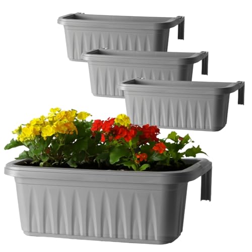 GarPet 4er Set Balkonkästen mit Aufhängung, Grau, 50 cm, Selbstbewässernd, Hängend, Geländerhalterung, Modern, Mittel, Kunststoff, Outdoor, Rechteckig, 11 Liter, 4 Stück von GarPet