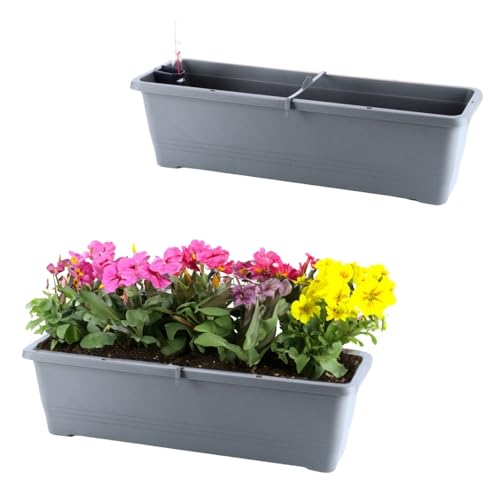 GarPet 2X Blumenkasten mit Wasserspeicher Blumenkasten Fensterbank Pflanzkasten Outdoor Wasserstandsanzeiger Gießschacht Bewässerungsband 50 cm Anthrazit von GarPet