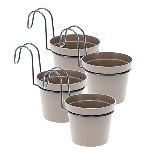 GarPet 4er Set Hängetopf Blumentopf Pflanztopf Set mit Halterung Metall Wandhalterung Haken Aufhängung innen außen Kunststoff Taupe Ø 14 x 16 (H) cm Außenbereich 4 Stück von GarPet
