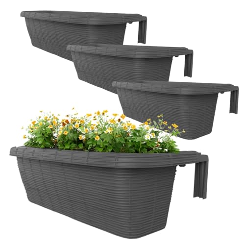 GarPet 4X Blumenkasten Balkongeländer Balkon Blumenkasten Balkonkasten mit Halterung Geländerkasten mit Wasserspeicher Rattan Optik Anthrazit 60 cm von GarPet
