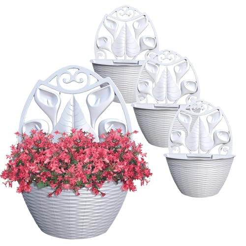 GarPet 4X Blumentopf Wand Blumentopf Wandmontage Wandblumentopf Wandvasen für Pflanzen Pflanzen Wandhalterung Wandtopf Außenbereich 32 cm Weiß Rattan Optik von GarPet