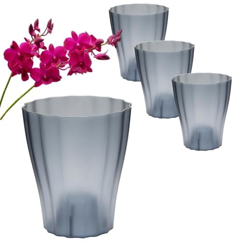 GarPet 4X Orchideentopf Transparent Orchideen Übertopf Pflanztöpfe Übertöpfe für Orchideen aus Kunststoff Innen Durchsichtig Elegant 16 cm rauchfarbig von GarPet