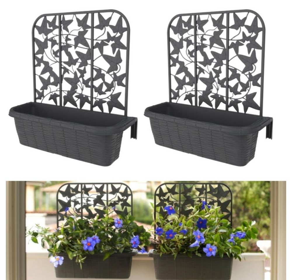 GarPet Blumenkasten 2x Balkonkasten Spalier Blumen Kasten 60 Rattan Halterung Anthrazit von GarPet