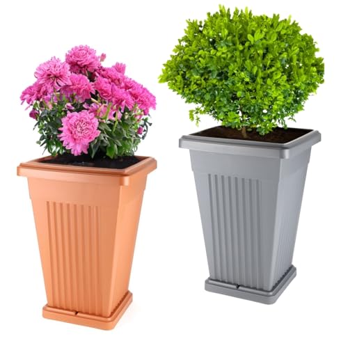 GarPet Pflanzkübel Groß Pflanzkübel Außen Blumenkübel Pyramide Übertopf groß Outdoor Pflanztopf Pflanzkasten Blumentopf mit Untersetzer Rechteckig 60 (grau) von GarPet