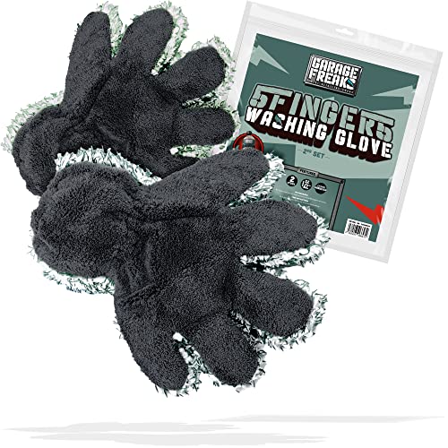 Auto Waschhandschuh 2er Pack - 5 Fingers Washing Glove Set für angenehmes und präzises Handling - Wash Mitt für eine schonende Autowäsche - 1x Dunkelgrün/Weiß, 1x Hellgrün/Weiß von Garage Freaks