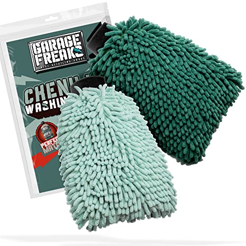 Auto Waschhandschuh 2er Pack - Chenille Washing Glove Set mit extrem weichen Mikrofasern - Wash Mitt für eine schonende Lackpflege - 1x Dunkelgrün, 1x Hellgrün - Garage Freaks von Garage Freaks