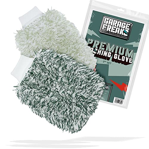 Auto Waschhandschuh 2er Pack - Premium Washing Glove mit superweichen Mikrofasern - Wash Mitt für eine schonende Autowäsche - 1x Dunkelgrün/Weiß, 1x Hellgrün/weiß von Garage Freaks