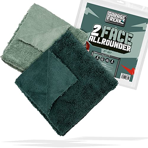 Garage Freaks Auto Mikrofasertuch 2er Pack - 2 Face Allrounder 40x40cm, 450 GSM, Universal Autotuch für Innen & Außen, mit Zwei verschiedenen Seiten, 1x hellgrün & 1x dunkelgrün - 2er Set von Garage Freaks