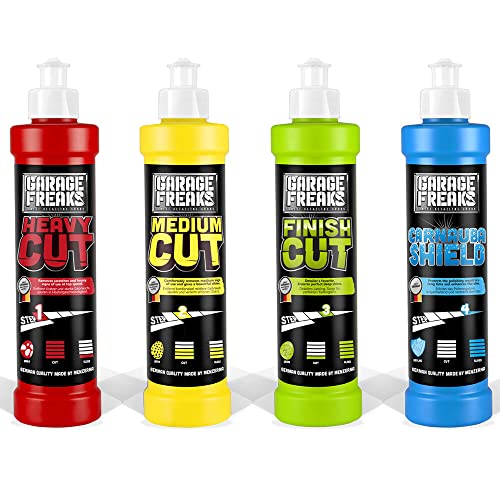 Garage Freaks - Auto Politur Komplett Set: Heavy Cut Schleifpolitur 250ml + Medium Cut Hologrammentferner 250ml + Finish Cut Hochglanzpolitur 250ml + Protection Carnauba Shield Wachsversiegelung 250ml von Garage Freaks