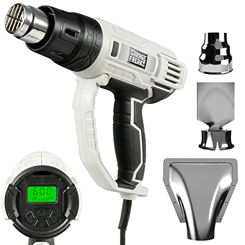 Garage Freaks Elektro-Heißluftpistole zur Fahrzeug-Folierung mit LCD-Anzeige, 5 m Kabel, Heißluftfön Temperatur & Luftstrom einstellbar von 60-600° C, 2000 Watt, Standfunktion, 3 Vorsatzdüsen von Garage Freaks