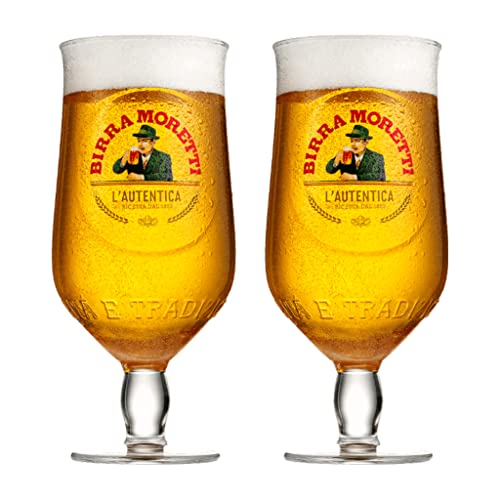 GarageBar Birra Moretti Glas | Bierglas mit Stiel, offizieller Merchandise-Artikel | kommt mit 2 x Bier-Abtropfmatten (2, Pint/590 ml) von GarageBar