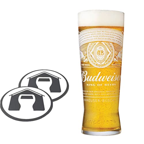 GarageBar Budweiser Glas | Nukleiertes Bierglas | Offizielles Merchandise-Produkt | Kommt mit 2 x Bier-Tropfmatten | 1 Pint-Glas von GarageBar