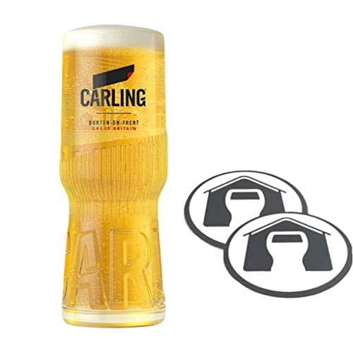 GarageBar Carling Glass, Nukleiertes Bierglas Gläser | Offizieller Merchandise-Artikel | Kommt mit 2 x Bier-Abtropfmatten (1, Pint/590 ml) von GarageBar