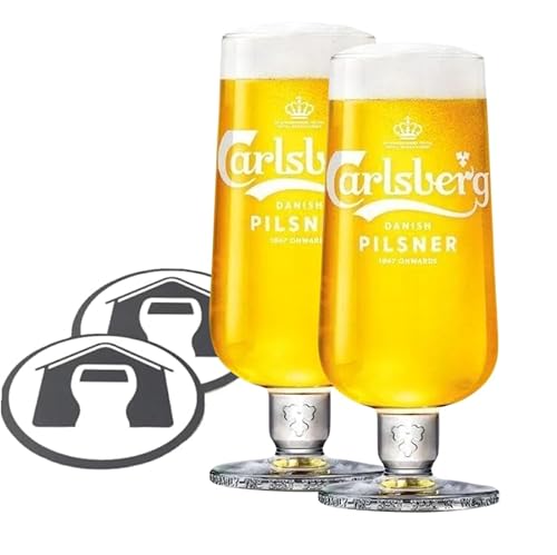 GarageBar Carlsberg Pilsner-Glas, Stiel-Bierglas, offizieller Merchandise-Artikel, mit 2 Bier-Tropfmatten (2 Pint) von GarageBar