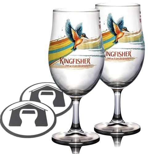 GarageBar Kingfisher Glas | Nukleiertes Bierglas | Offizieller Merchandise-Artikel | kommt mit 2 x Bier-Abtropfmatten (2, Pint/590 ml) von GarageBar