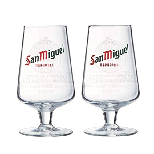 GarageBar San Miguel Glas | Bierglas mit Kelchstiel, offizielles Lizenzprodukt | kommt mit 2 x Bier-Abtropfmatten (2, Pint/590 ml) von GarageBar