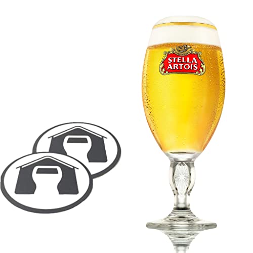 GarageBar | Stella Artois Glas | Stielkelch Bierglas | Offizielles Merchandise | Kommt mit 2 x Biertropfmatten (1, Pin/20 oz) von GarageBar