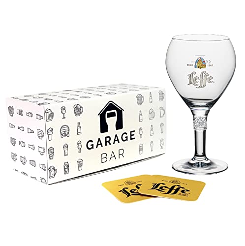 Leffe Bierglas mit 2 x Biertropfmatten | Geschenkbox von GarageBar | 33cl Kelchglas | Geschenk zum Vatertag, Weihnachten, Geburtstag von GarageBar