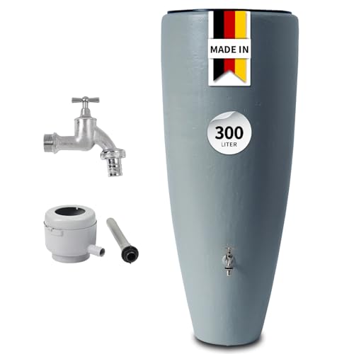 GARANTIA 2in1 Wasserbehälter Komplett-Set Regentonne 300 Liter zinkgrau inkl. Chrom-Auslaufhahn und Fallrohranschluss von Garantia