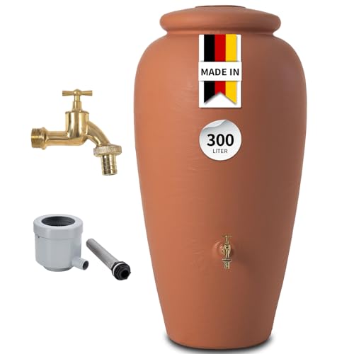 GARANTIA Amphore Regentonne Komplett-Set 300 Liter terrakotta inkl. Messing-Auslaufhahn und Fallrohranschluss - Regentonne 300 Liter, Regenfass, Wassertank, Regenwassertank, Regenwassertonne von Garantia