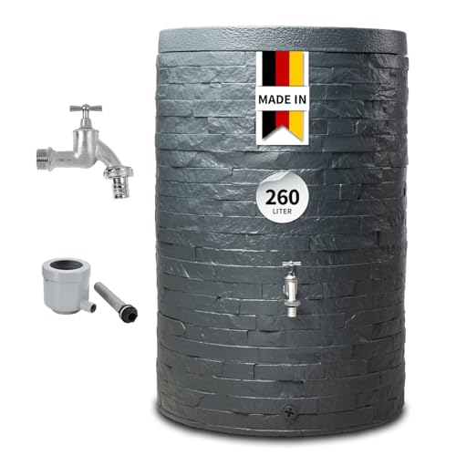 GARANTIA Muro Regentonne Komplett-Set 260 Liter Graphite Grey inkl. Chrom-Auslaufhahn und Fallrohranschluss - Wassertank, Regenfass, Tonne mit Deckel, Regenwassertonne, Wasserbehälter, Fass von Garantia