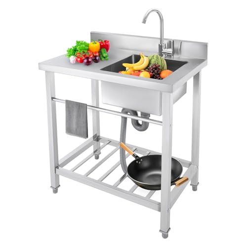 Garbenat Freistehende Küchenspüle 201 Edelstahl Spültisch 1 Becken Gewerbliche Spülbecken mit Wasserhahn und Werkbank 100KG Tragfähigkeit Küchenspüle mit Unterschrank für Restaurant, Hotels (Right) von Garbenat