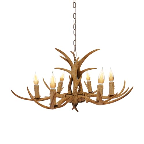 Garbenat Geweih Kronleuchter 6 Lichter Hirschgeweih Geweih Pendellampe Retro Innenbeleuchtung Hängelampe Hirschgeweih Deko Wohnzimmerlampe Höhenverstellbarer Deckenlampe mit 6 x E14 Glühbirne von Garbenat