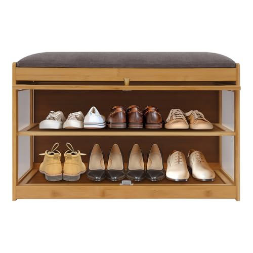 Garbenat Schuhregal mit Sitzbank 70 x 42 x 32 cm Schuhschrank 2-Tiers Schuhbank mit Sitzfläche und Tür Eingangsbereich Schuhbank aus Bambus Schuhaufbewahrungsbank für 8 Paar Schuhe (Log Farbe) von Garbenat